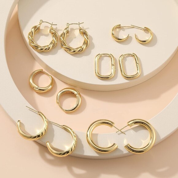 Gold Hoop Earrings Set for Women 14K Plated Lightweight Hypoallergenic Gift - Picture 5 of 7